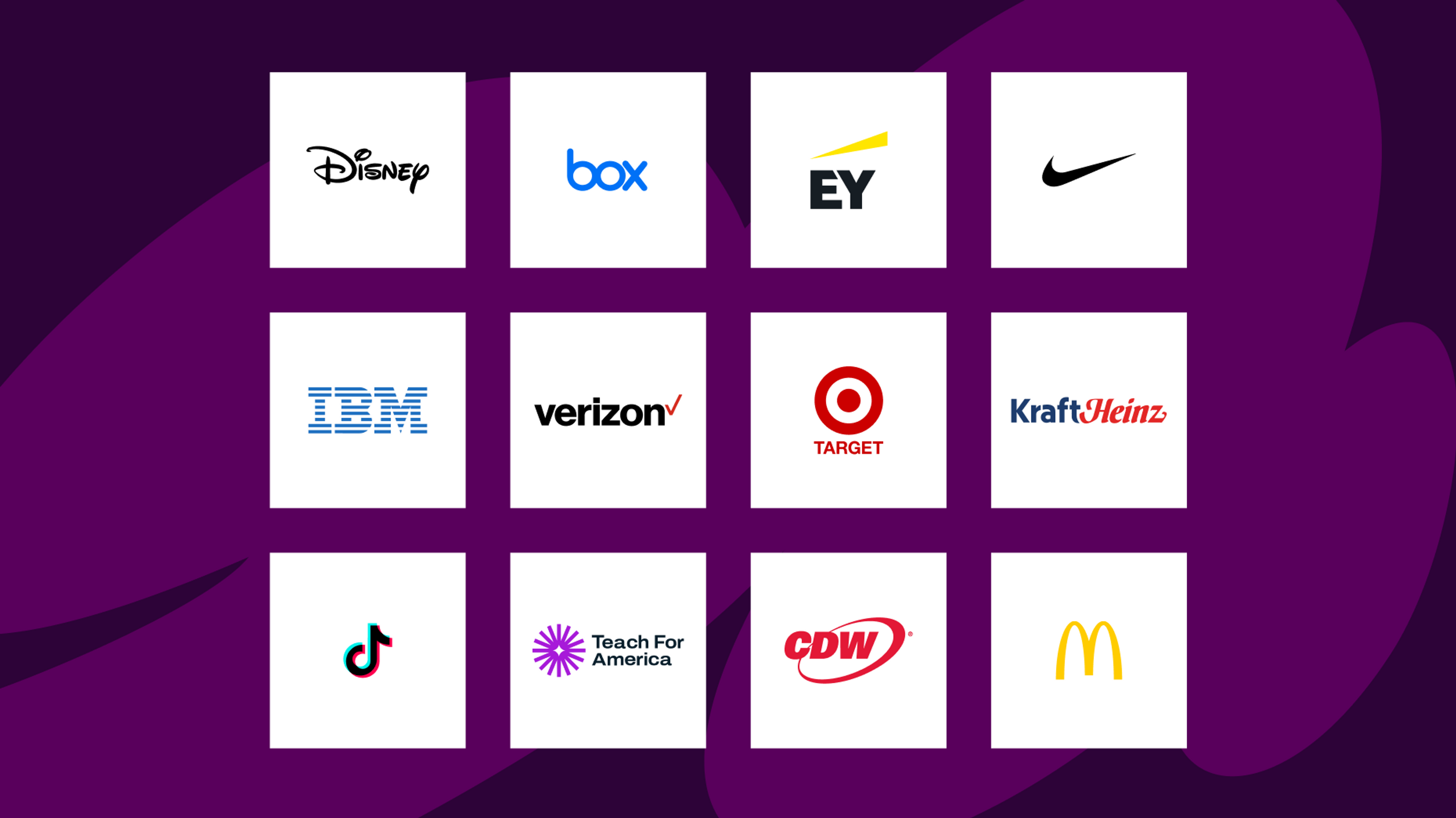 Logos from employers who hire on Handshake displayed against an eggplant background