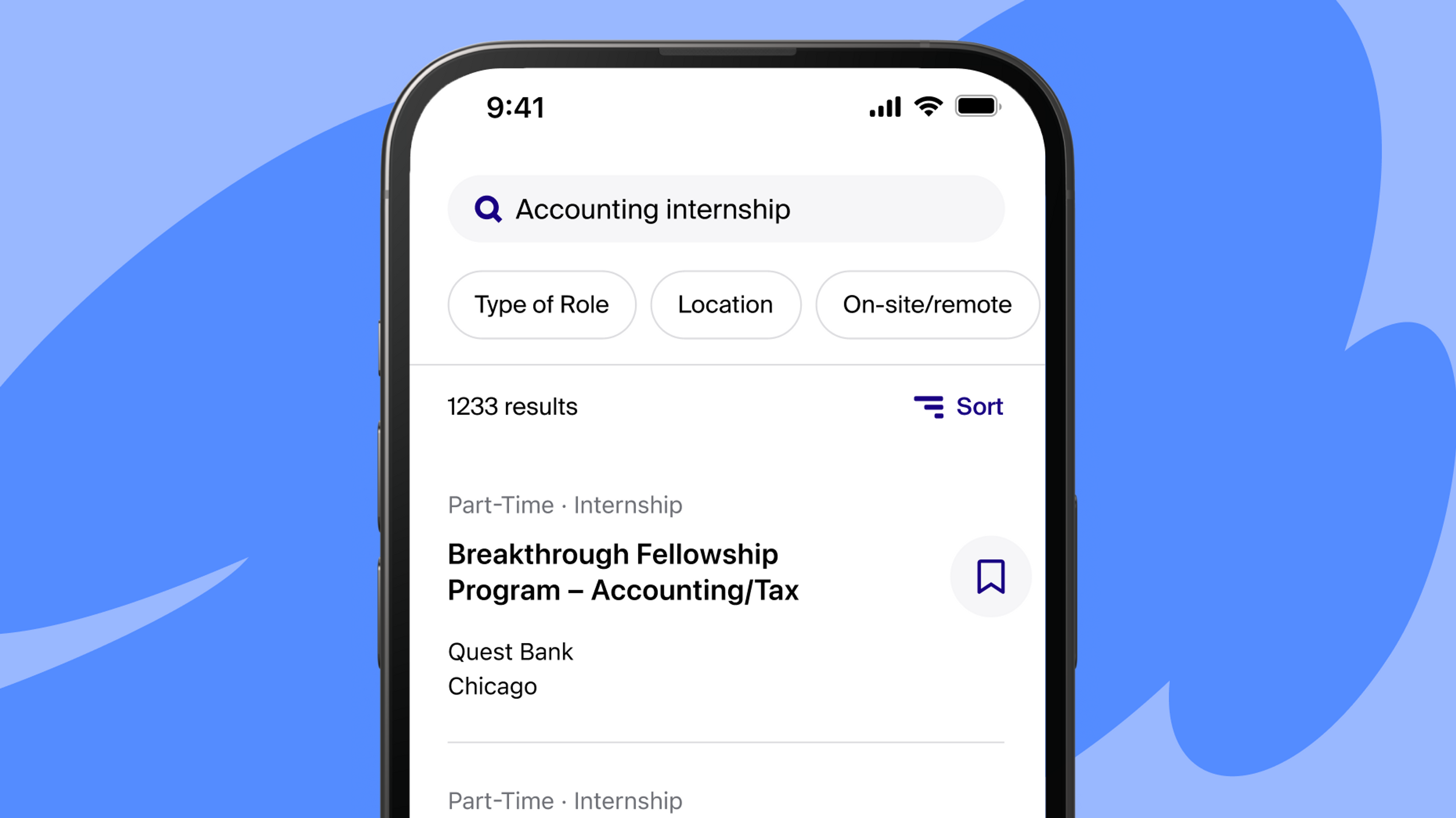 A handshake search for "accounting internship" is shown on a mobile phone set against a sky blue backdrop