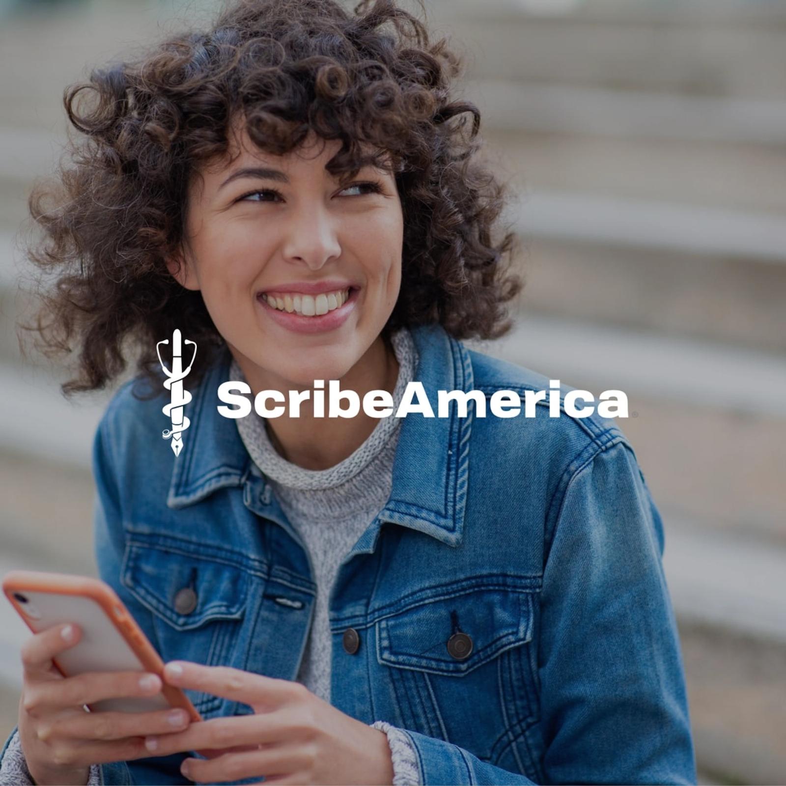 Hero image of woman holding smart phone for ScribeAmerica customer spotlight
