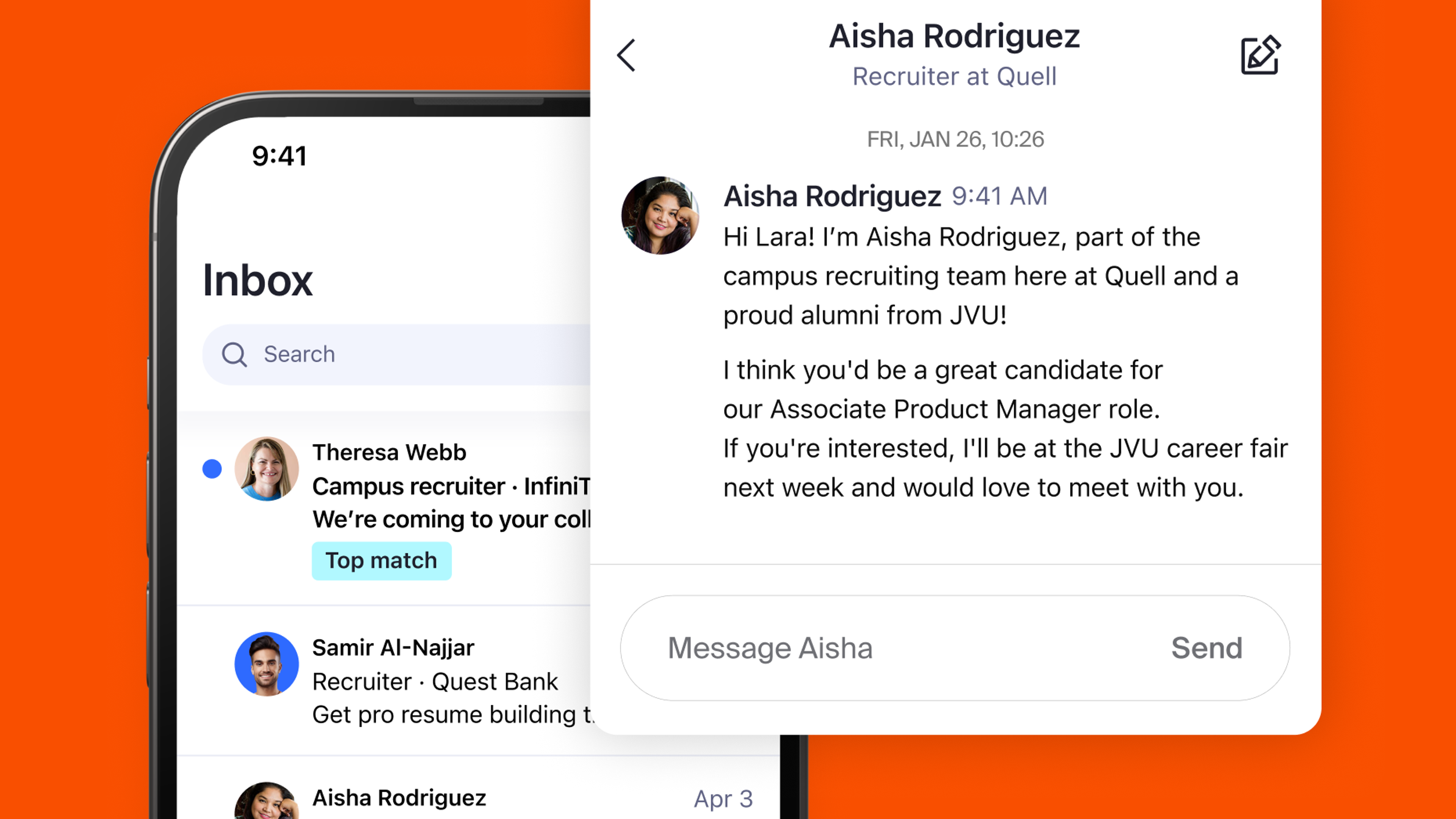 A sample message from a recruiter inviting a candidate to apply to a role is shown on a mobile phone against an orange backdrop