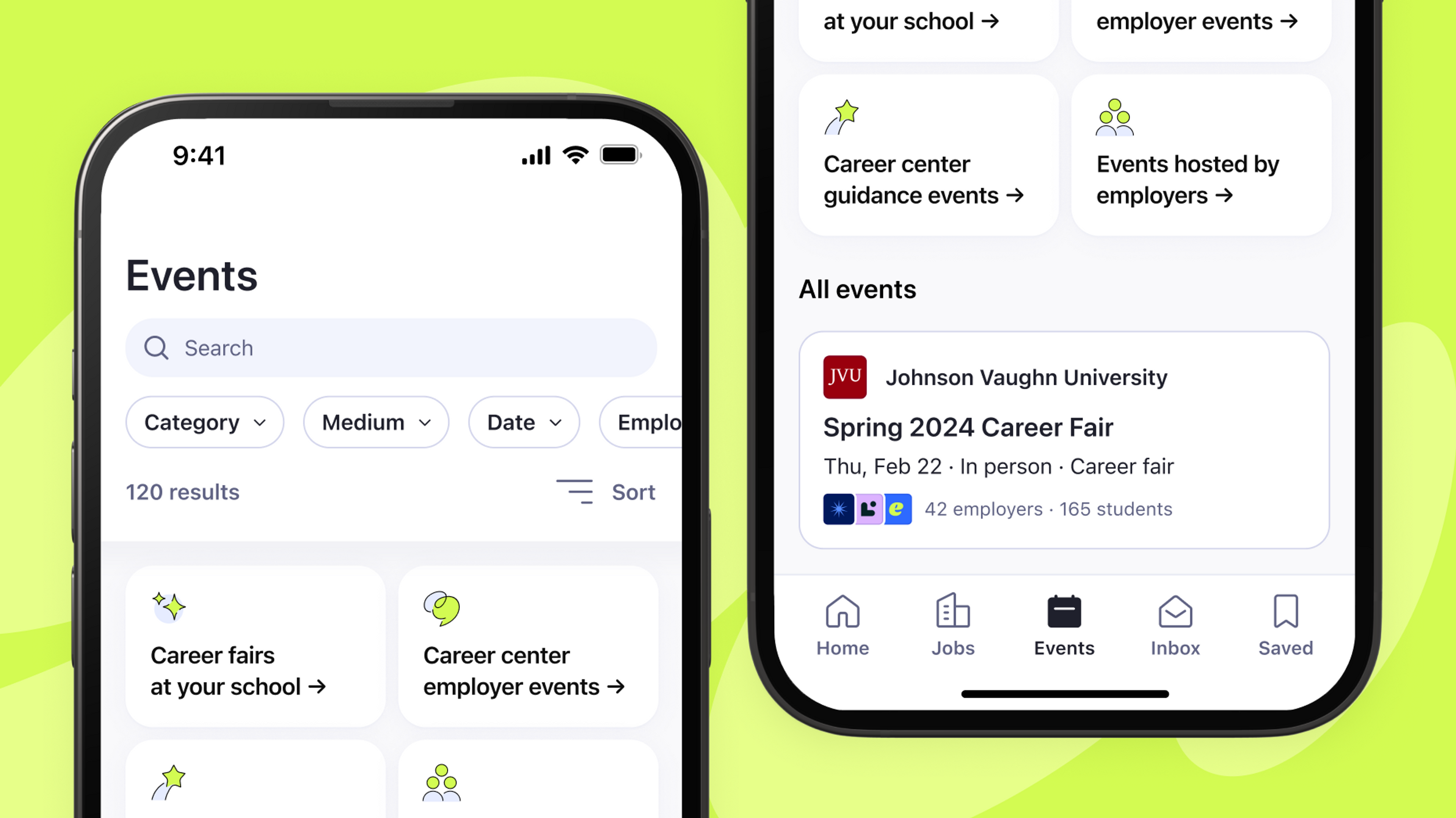 iPhone showing events on Handshake's feed is displayed against a lime backdrop