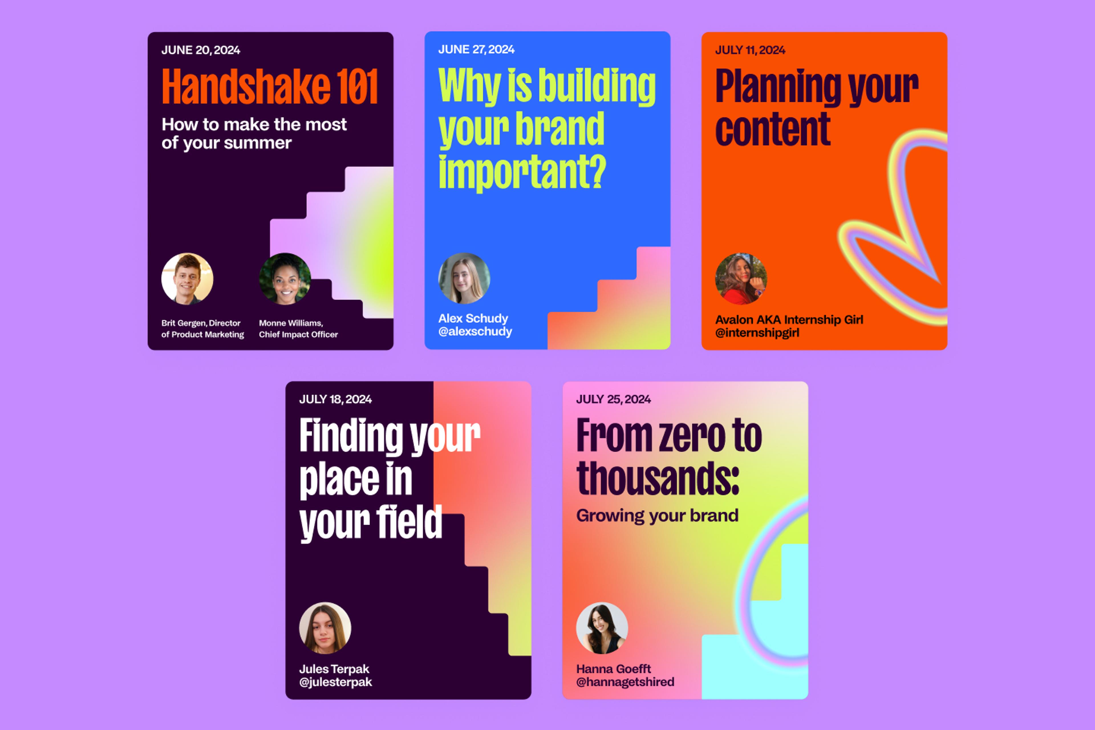 Digital posters for the Handshake "Build your brand" workshops set against a lilac background