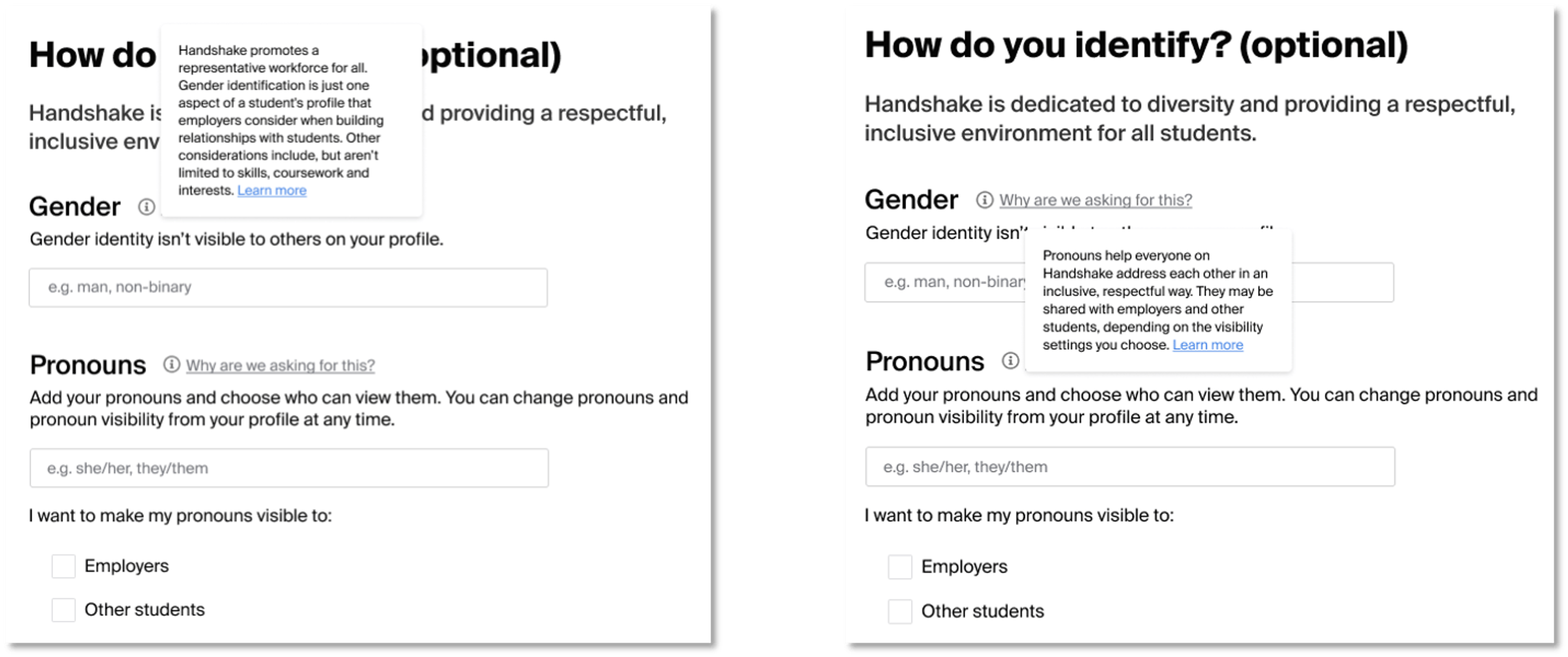 Gender identity and pronoun help text in Handshake