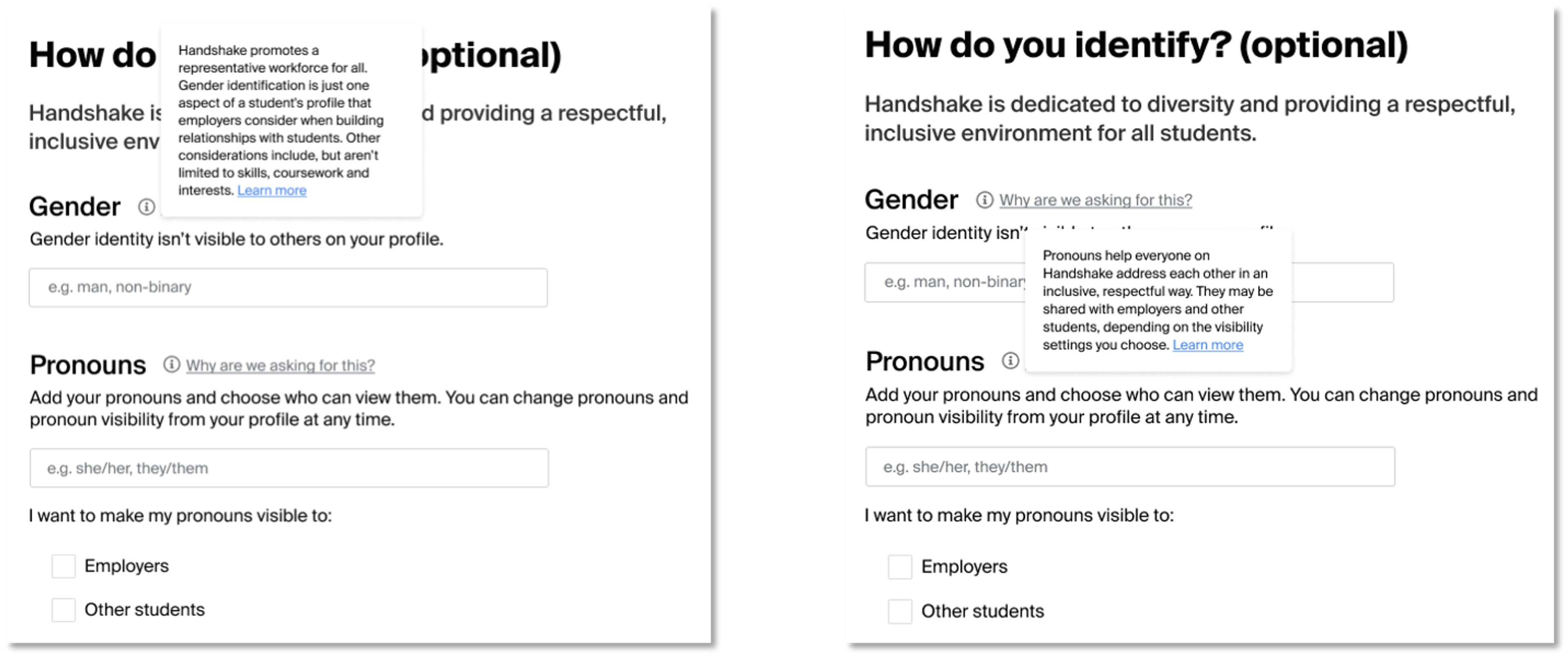Gender identity and pronoun help text in Handshake