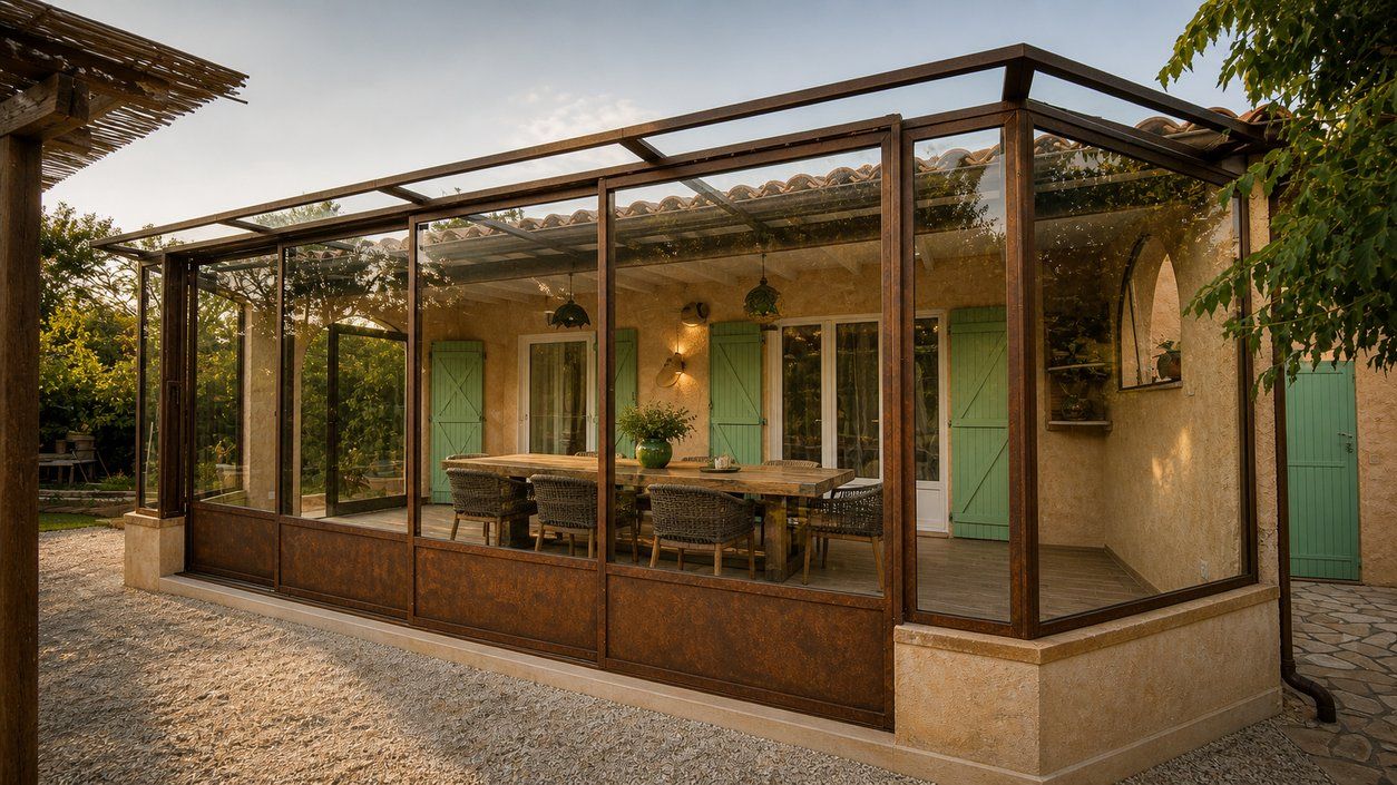 Verrière en acier, ouverte sur une terrasse provençale
