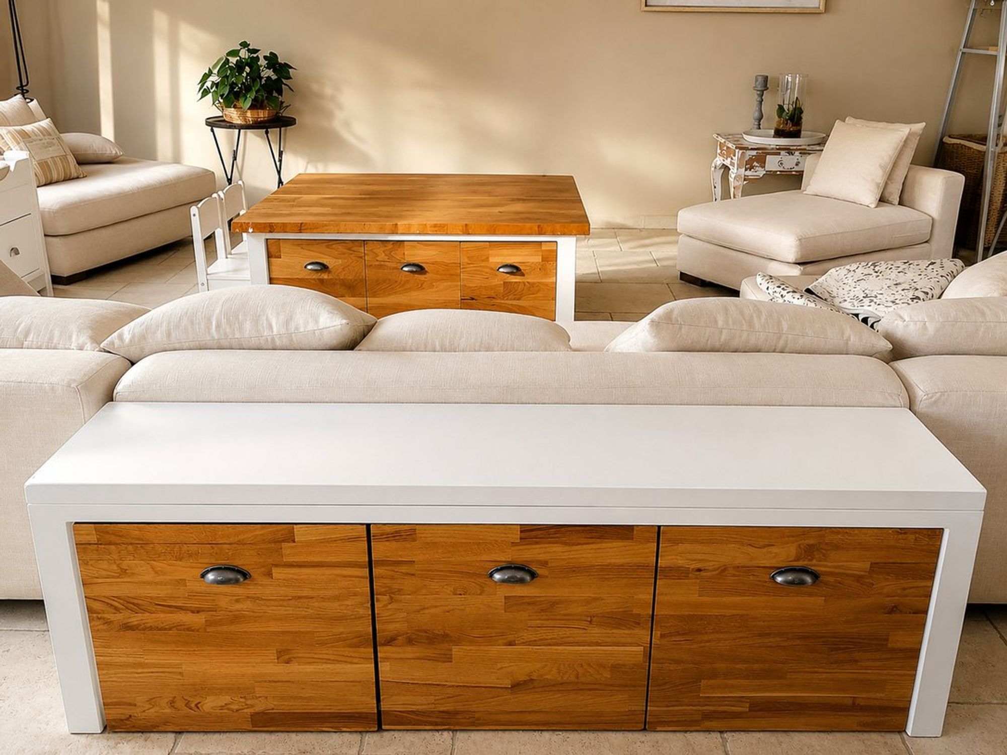 Table basse et console, chêne et laque blanche