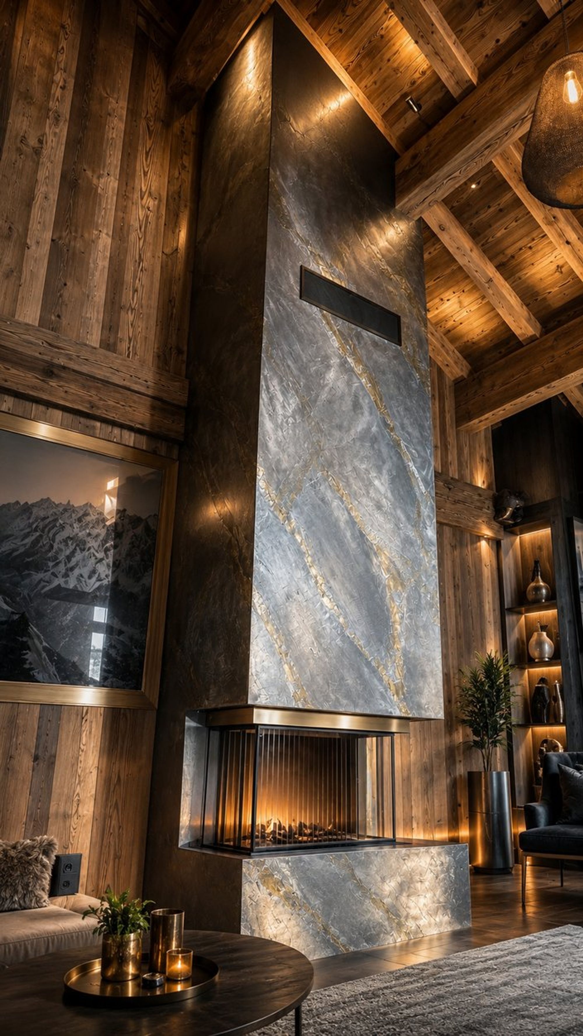Chalet l’Yret, Serre-Chevalier : cheminée habillée de pierre et de laiton