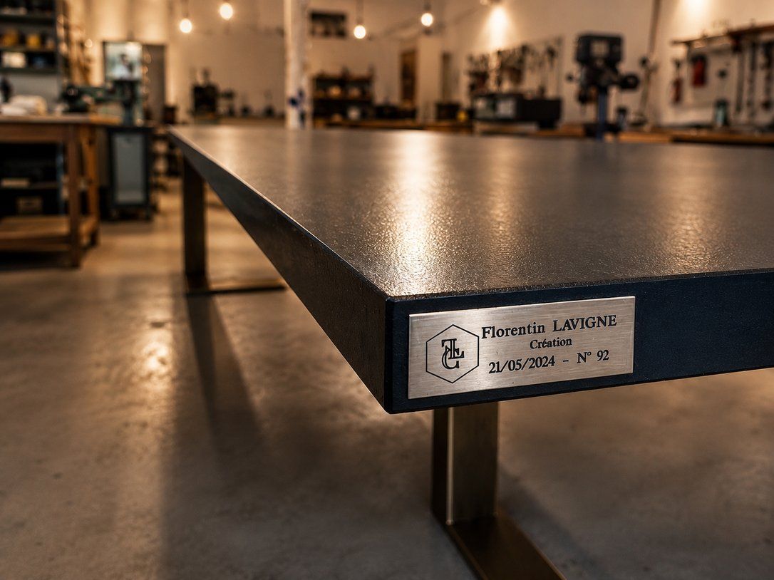 Plaque de laiton gravée, date et numéro de fabrication – détail 1