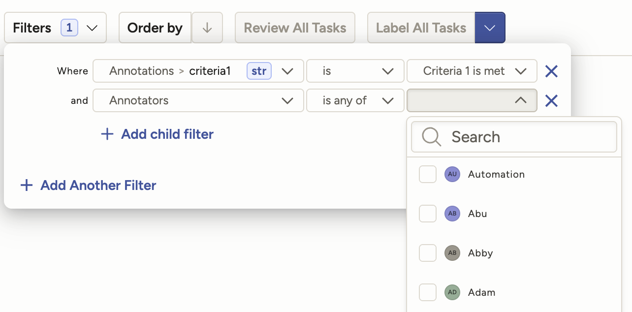 Data Manager annotation filter with a child filter and multi-select annotator picker
