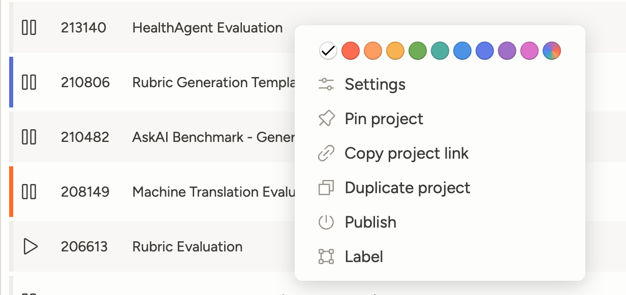 Right-click context menu on the projects table showing color labels, Settings, Pin project, Copy project link, Duplicate project, Publish, and Label