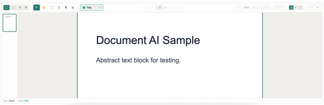 Document annotation interface with a sample page open and region labeling tools in the toolbar.