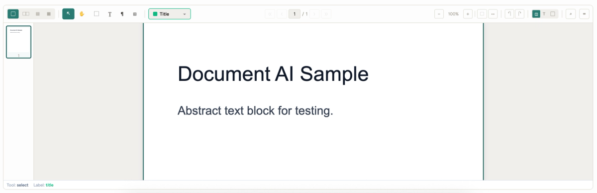 Document annotation interface with a sample page open and region labeling tools in the toolbar.