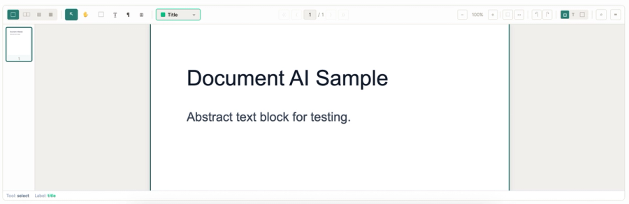 Document annotation interface with a sample page open and region labeling tools in the toolbar.