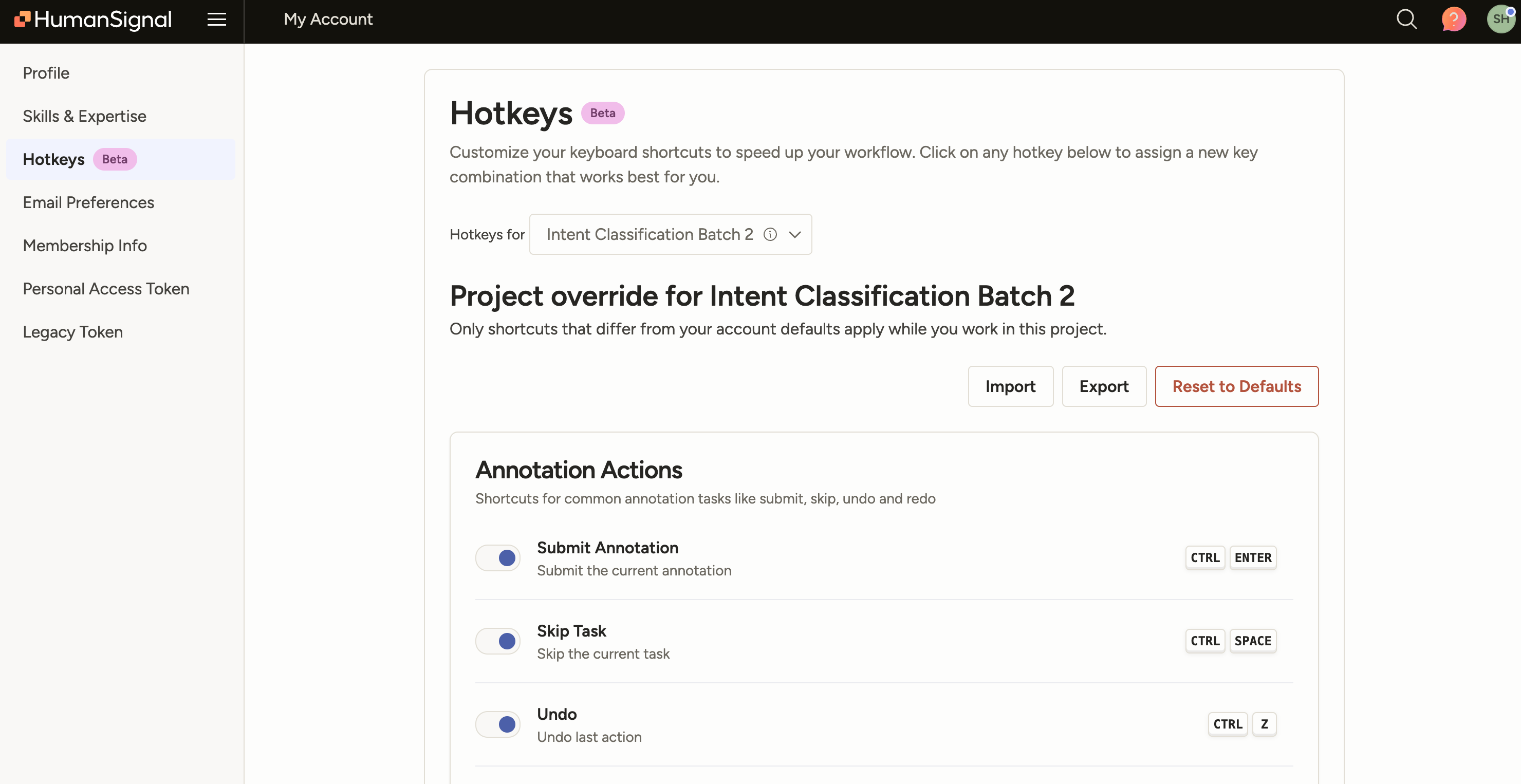 Customize Hotkeys for a Specific Project