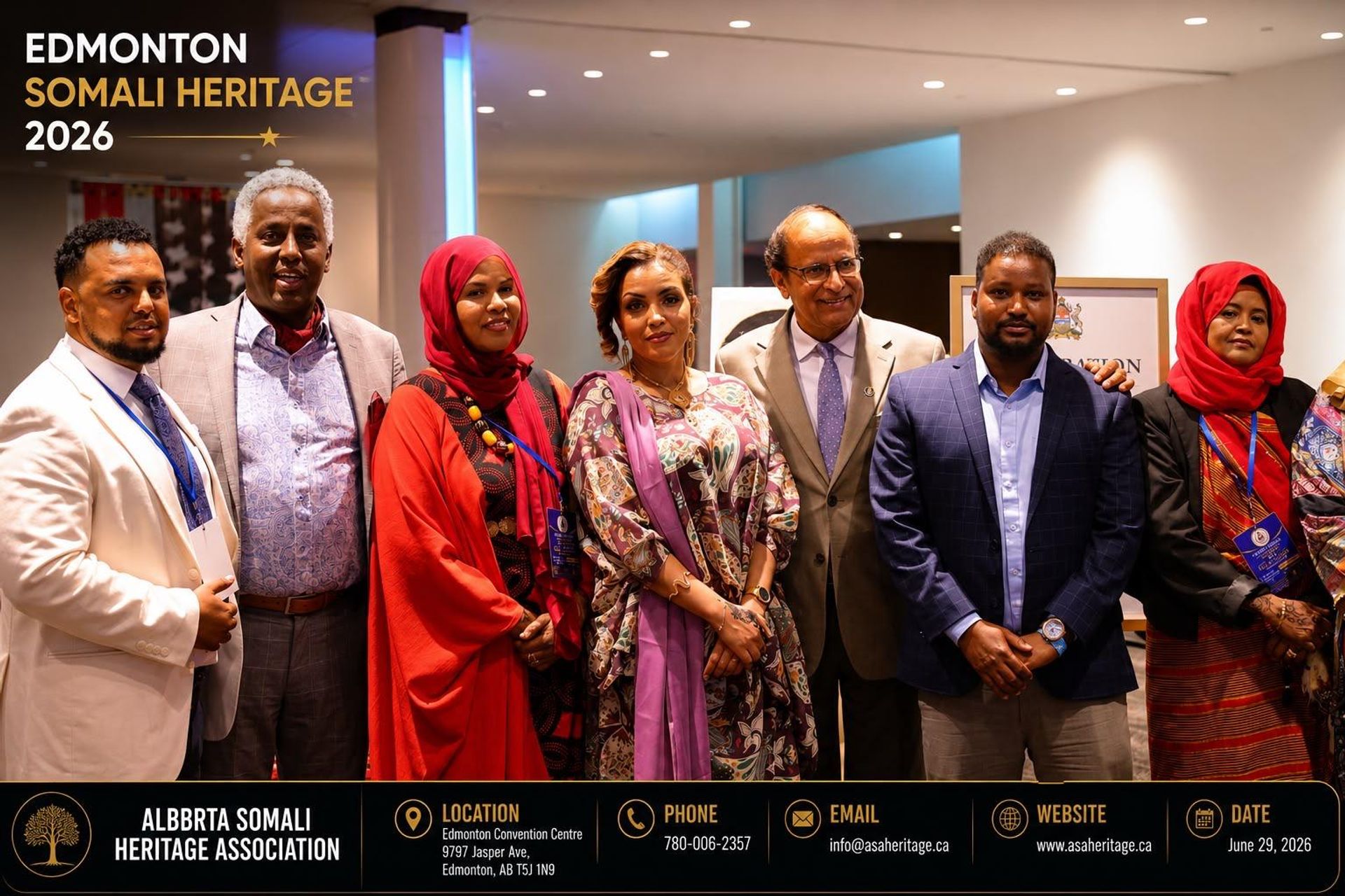 Attendees pose for a group photo at Edmonton Somali Heritage 2026 at the Edmonton Convention Centre.