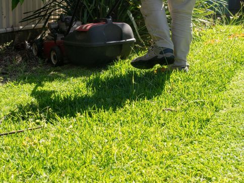 A person mowing lawn with a push mower in a sunny garden, wearing light pants and shoes, next to a metal fence.