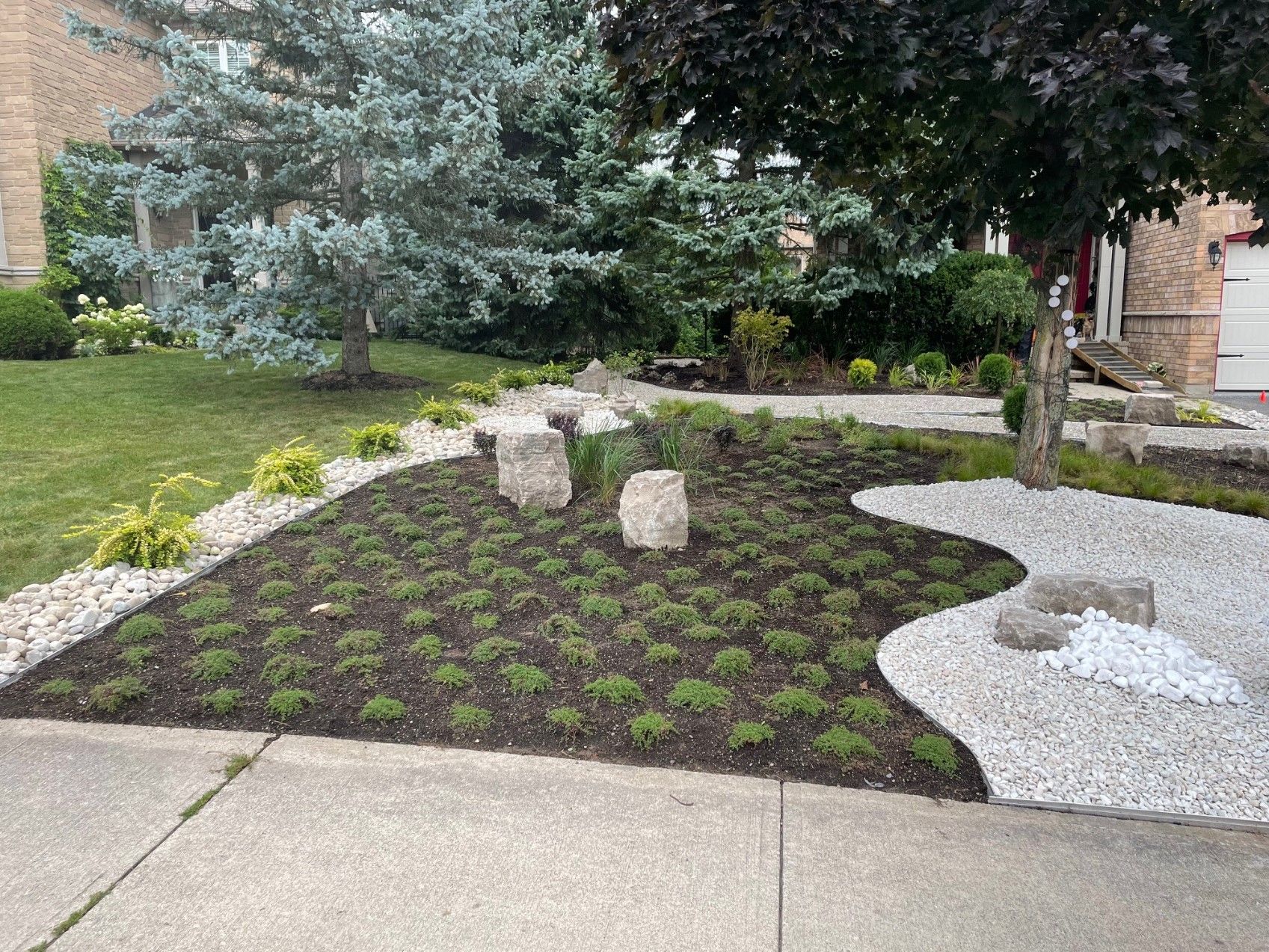 Neatly landscaped garden with a mix of shrubs, rocks, and pebbles surrounds a house. Trees provide shade and visual interest.