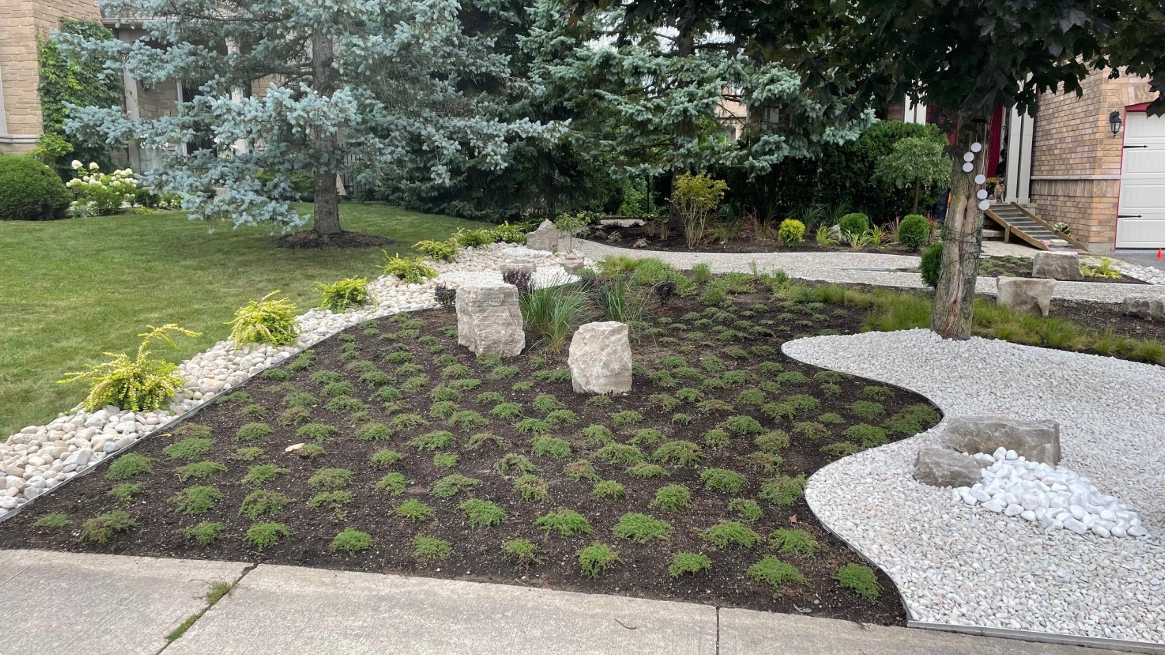 Neatly landscaped garden with a mix of shrubs, rocks, and pebbles surrounds a house. Trees provide shade and visual interest.