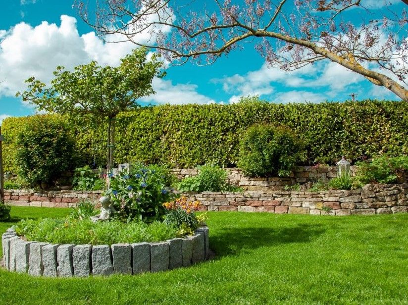A stone raised planter bursting with hydrangeas and marigolds sits before a rustic stacked stone retaining wall and a tall, tightly clipped hedge, with a manicured lawn rolling out in front.