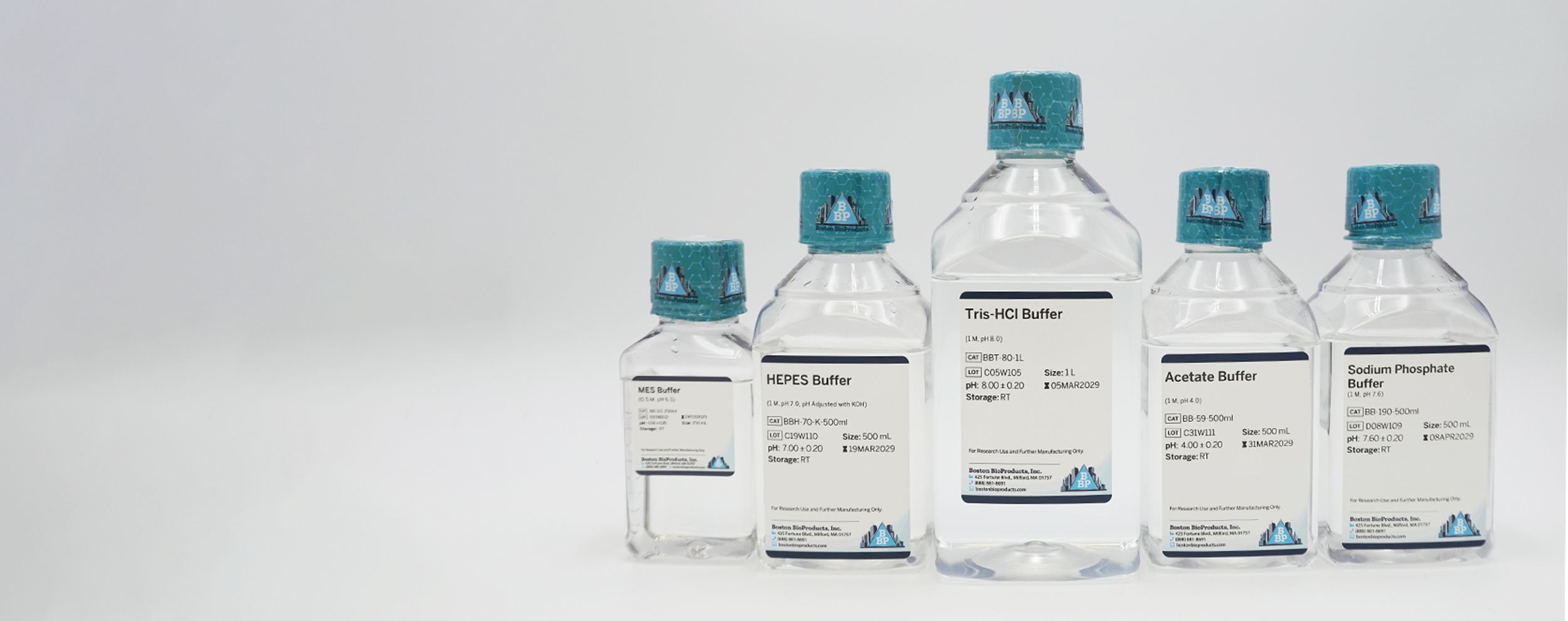 Laboratory reagent bottles for FPLC protein purification arranged in a Boston BioProducts research setting