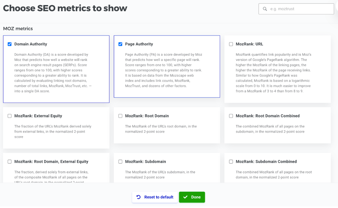 Mangools Metrics to choose
