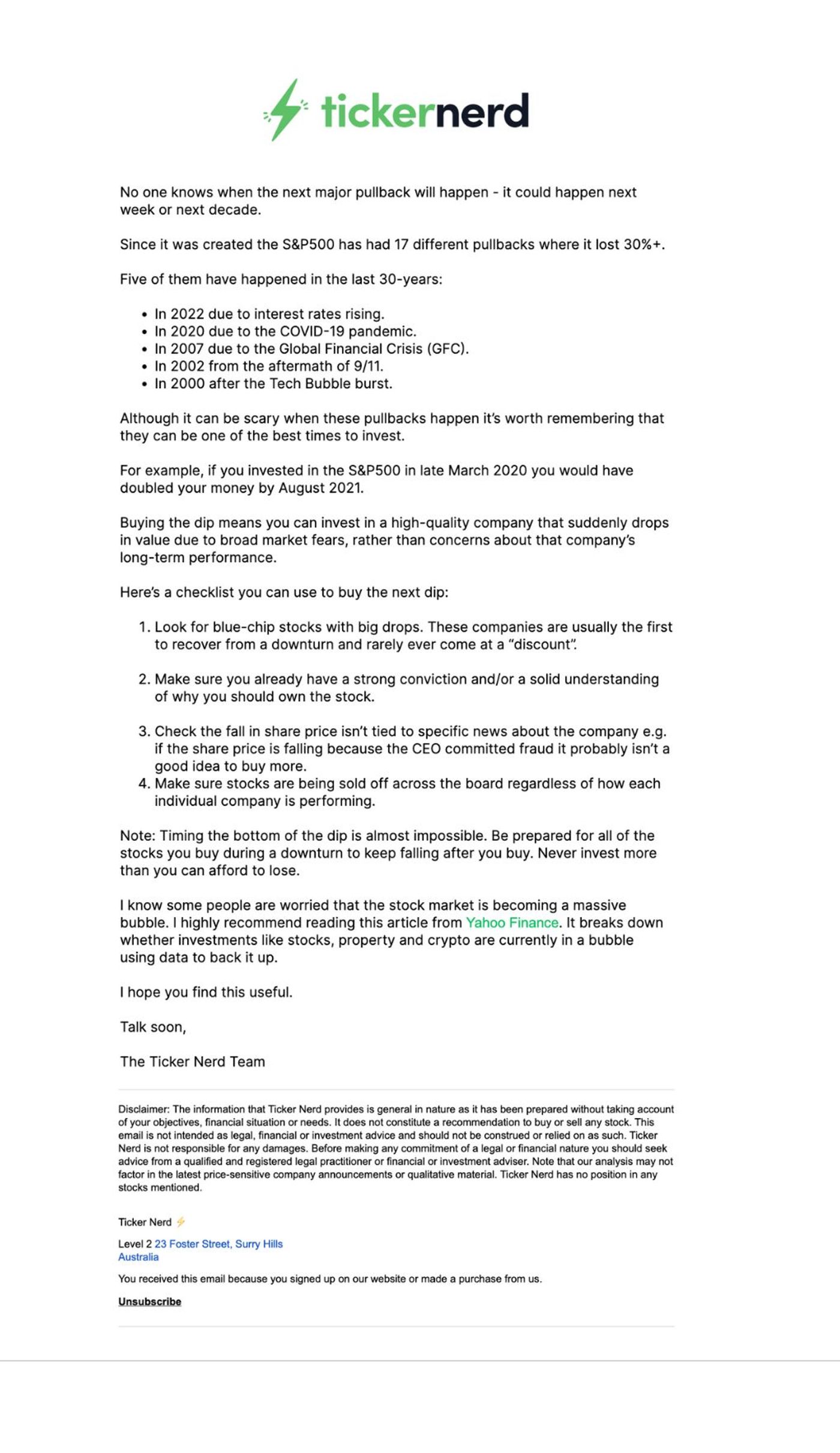 Example: Ticker Nerd's "How to buy the dip" email, subscribers often forwarded this email or opened it over 20 times.