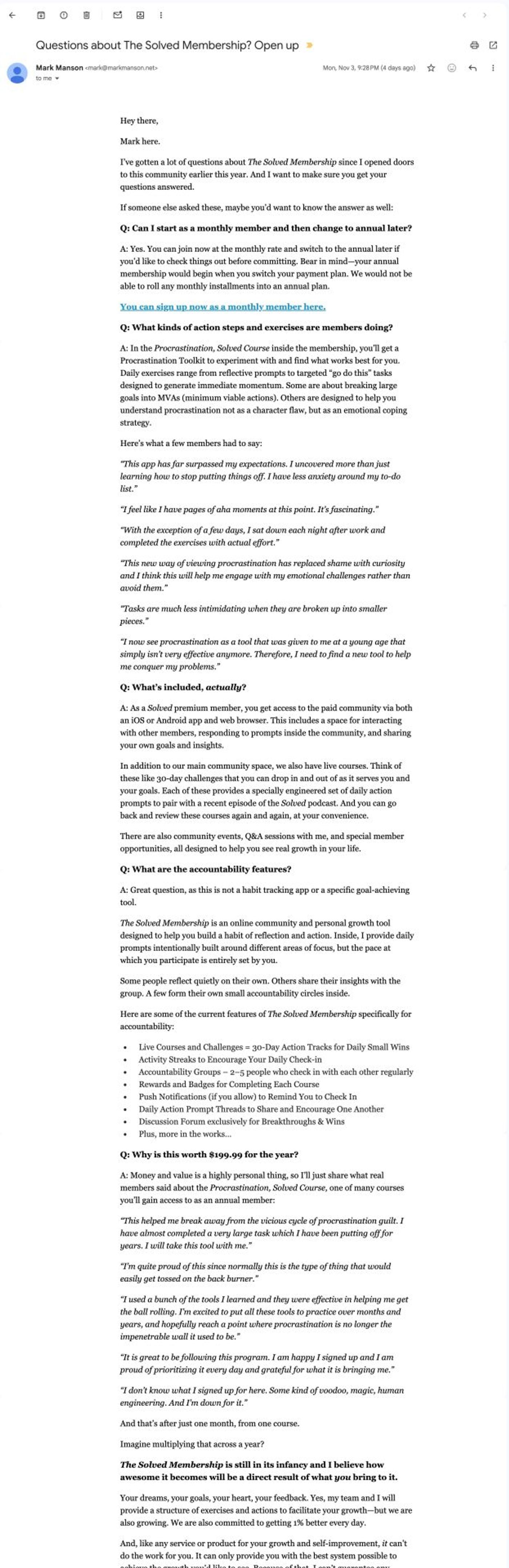 Example: Mark Manson's Q&A Email