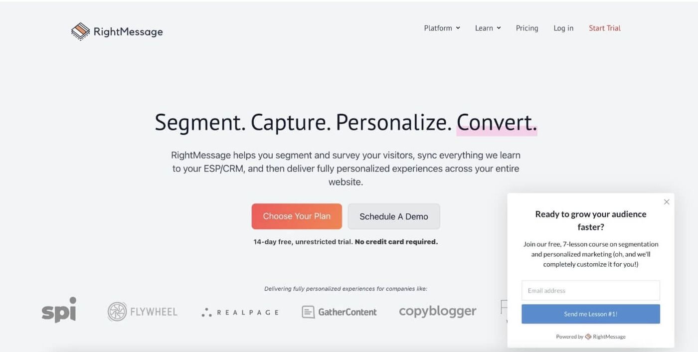 Right Message email capture popup