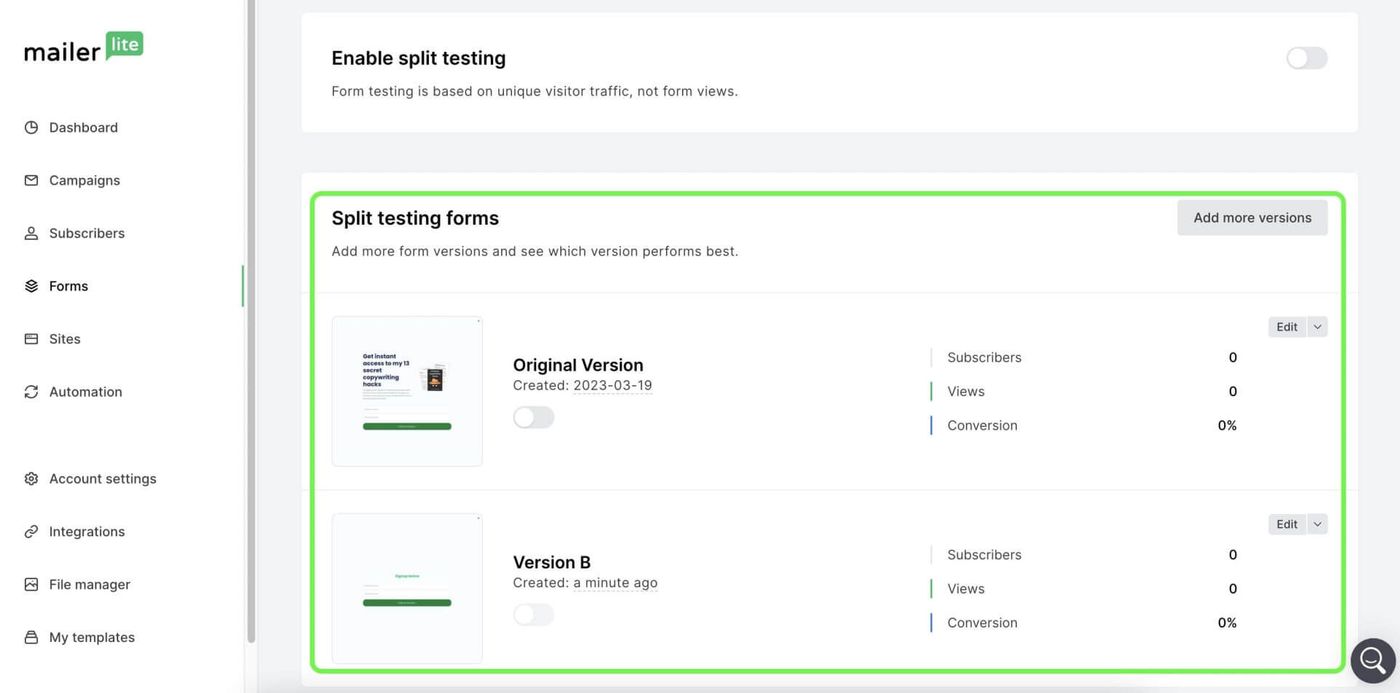 mailerlite split testing