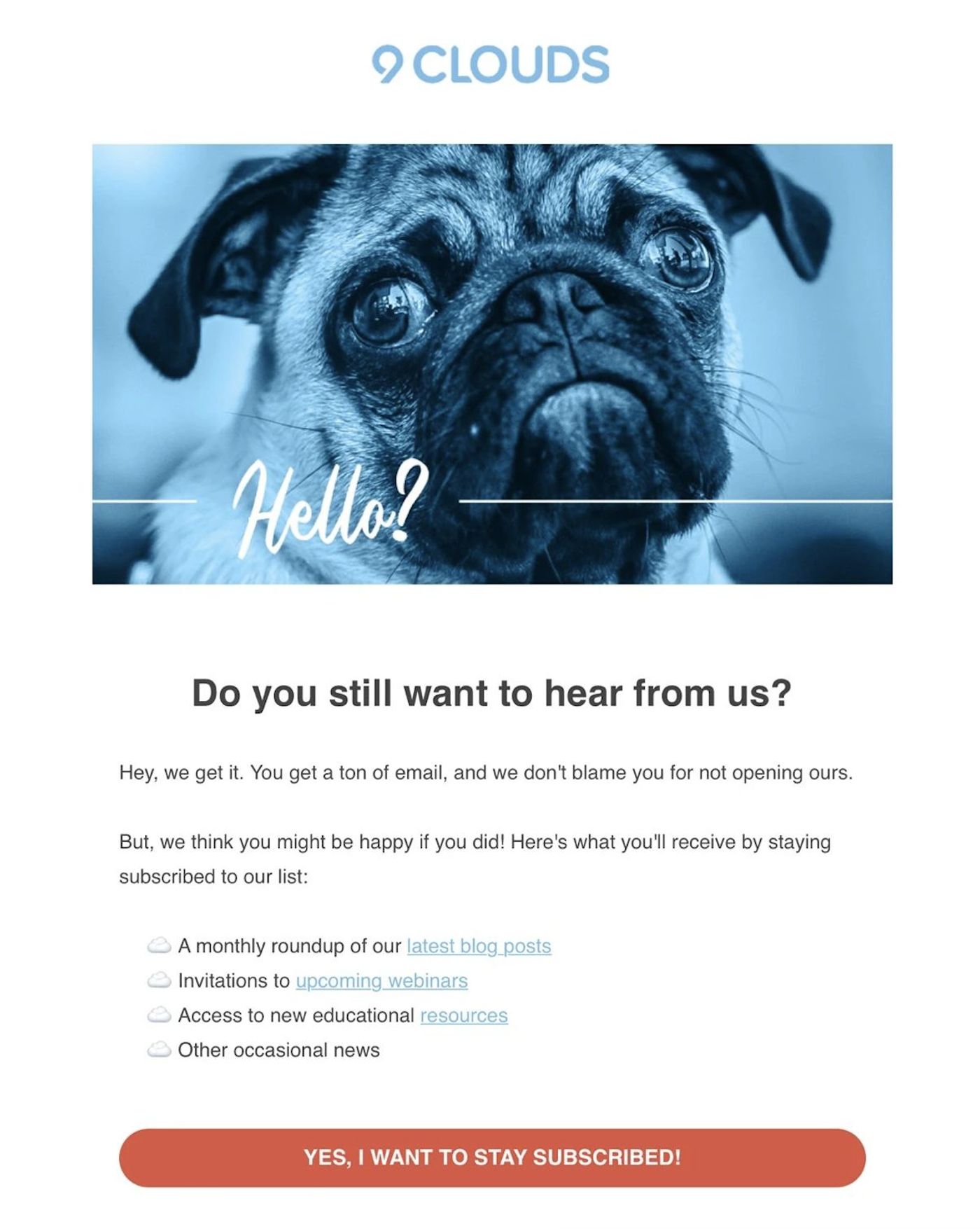 Example: 9 Clouds re-engagement email to confirm they want to still get emails.