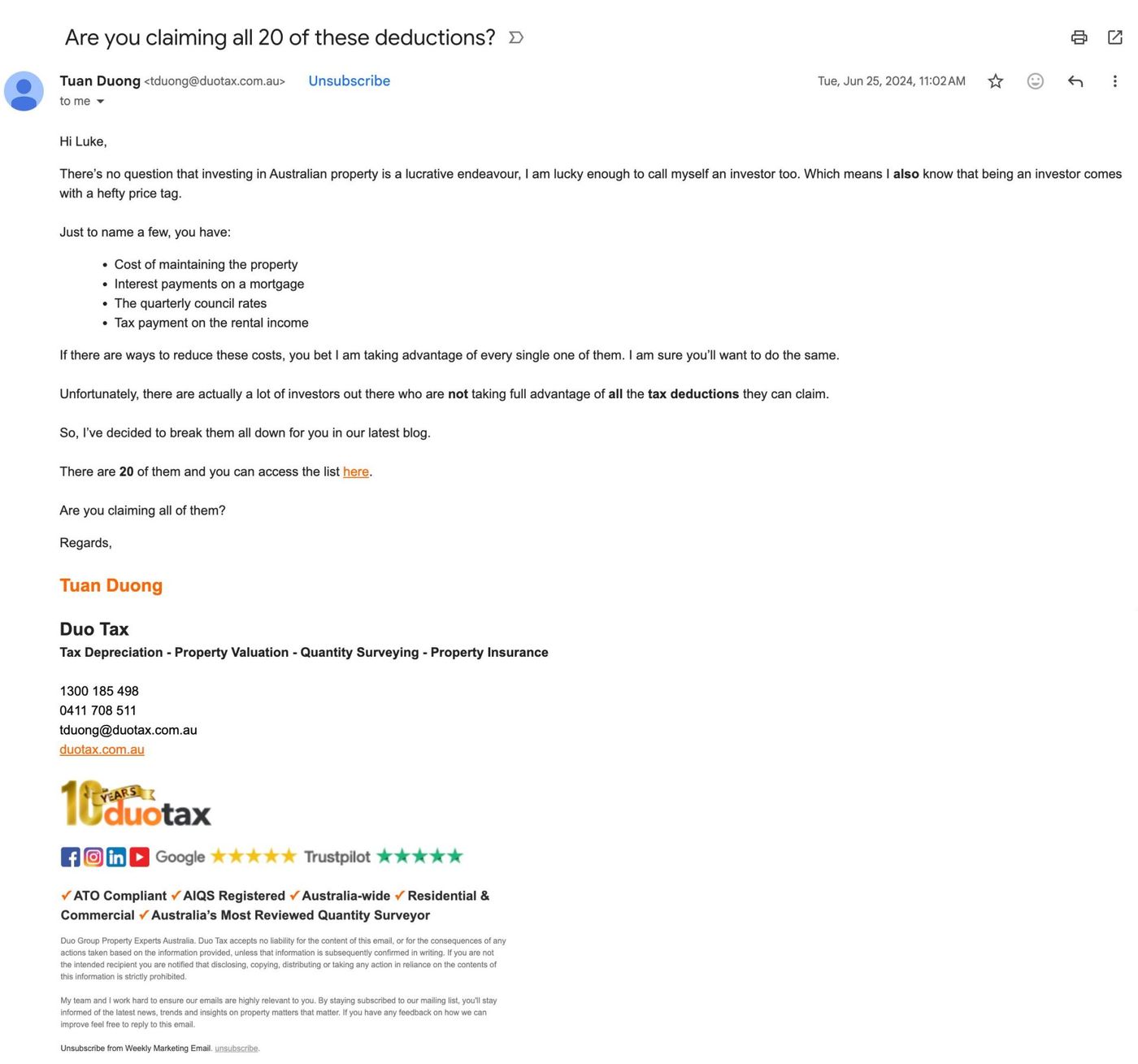 Example: Duo Tax sends emails linking to different deductions clients can make they may not know about.