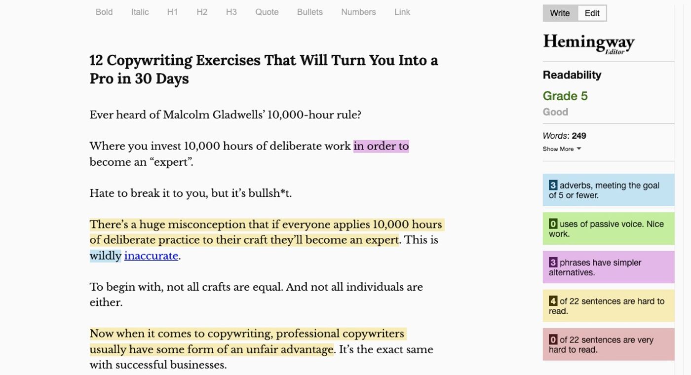 Example of the Hemingway App recommendations for a blog post I wrote.