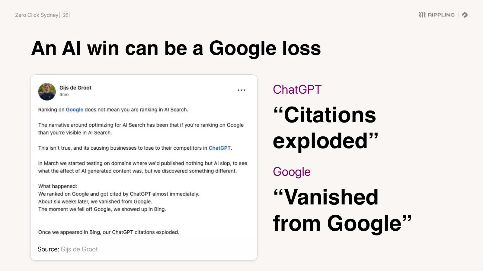 "An AI win can be a Google loss": a LinkedIn post from Gijs de Groot describing ChatGPT citations exploding while the same pages vanished from Google