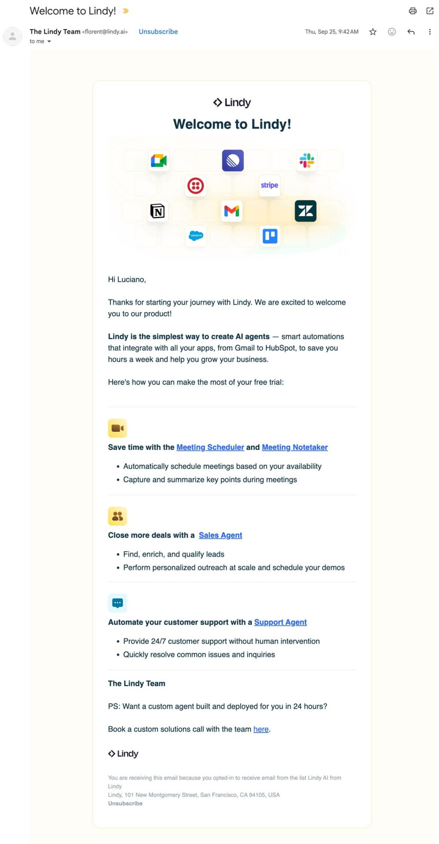 Example: Lindy's Welcome email