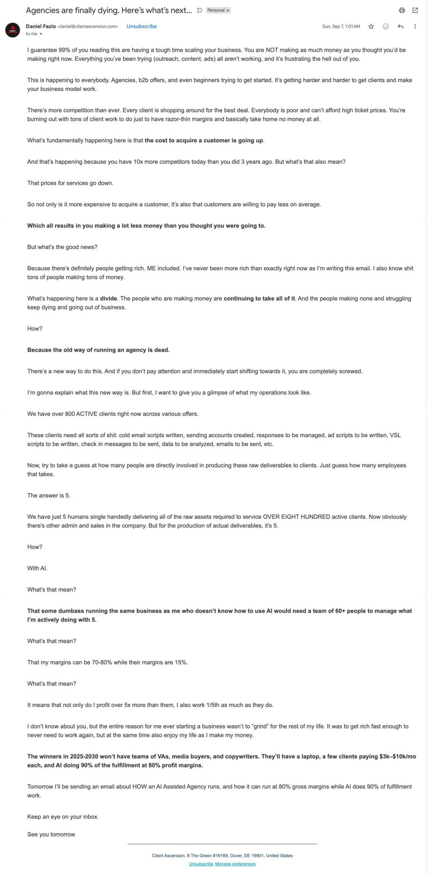 Example: Daniel Fazio's Client Ascencion email about agencies dying.