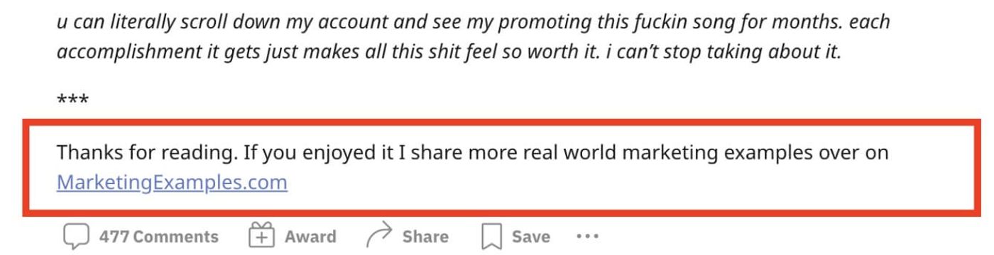 marketing examples reddit plug