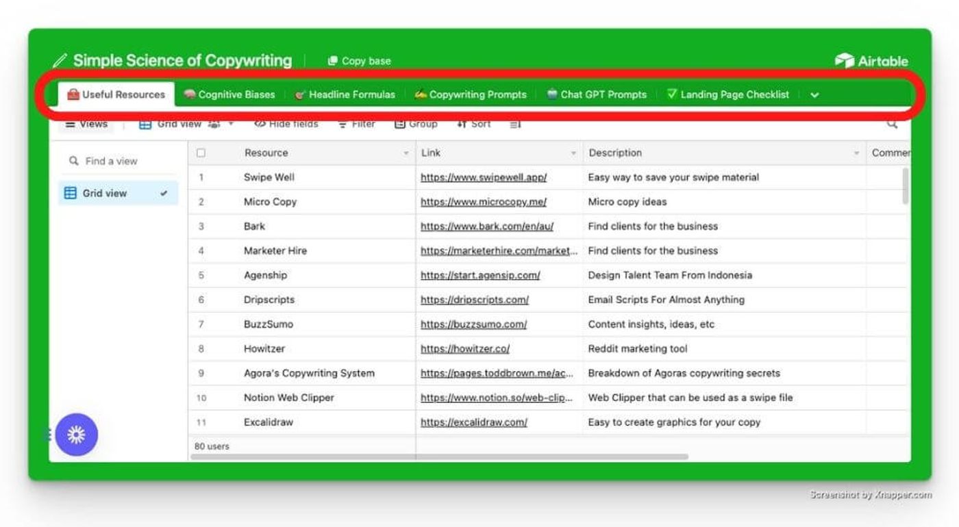 screenshot of the resources