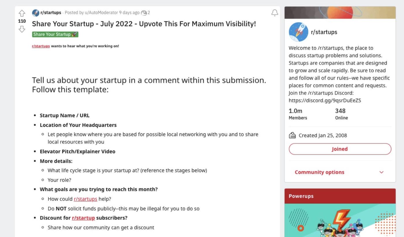 startups subreddit