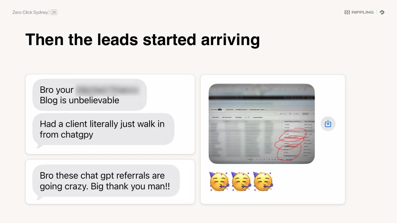 "Then the leads started arriving": screenshots of messages from clients saying ChatGPT referrals are coming in and a client walked in from ChatGPT