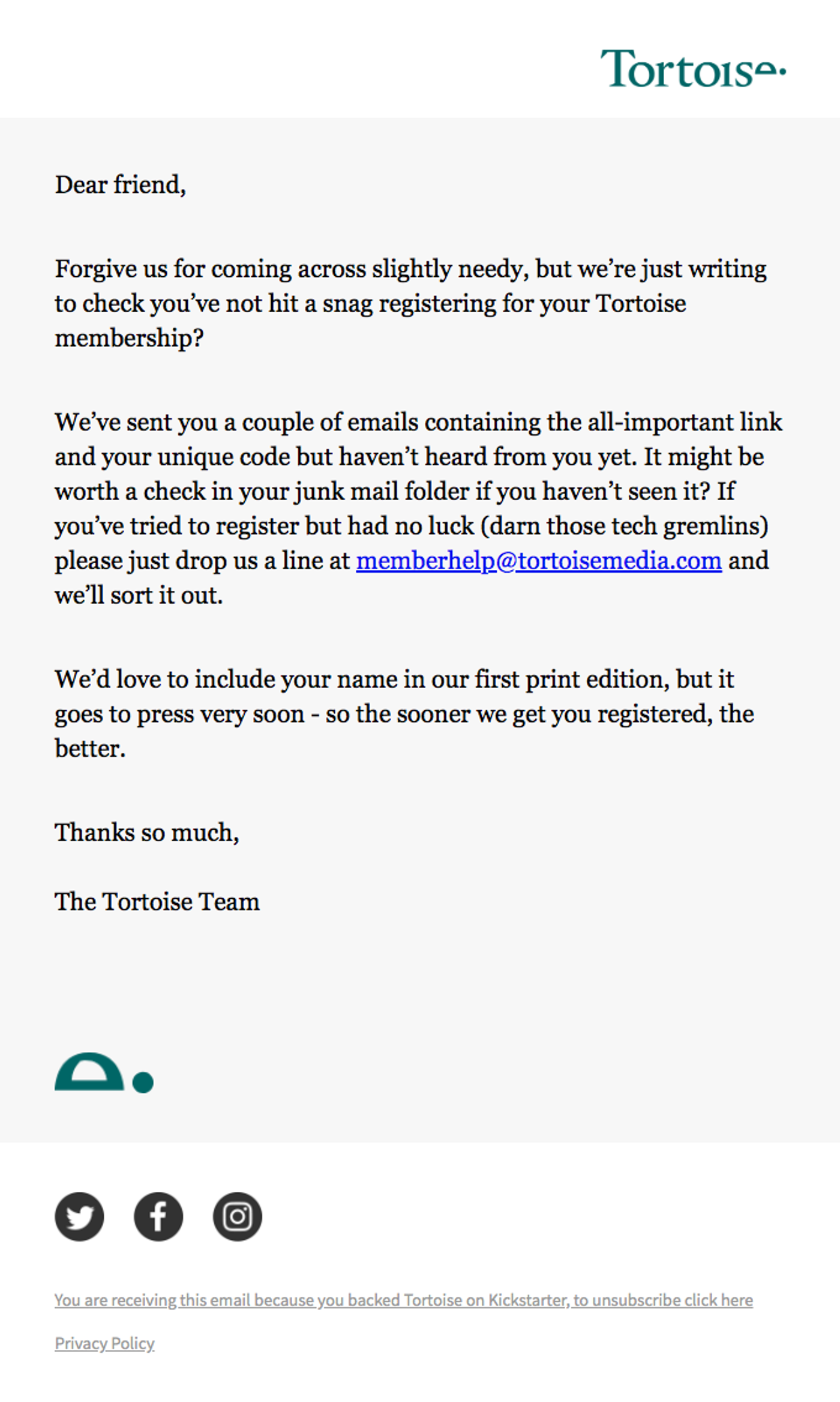 Example: Tortoise Media win back email.