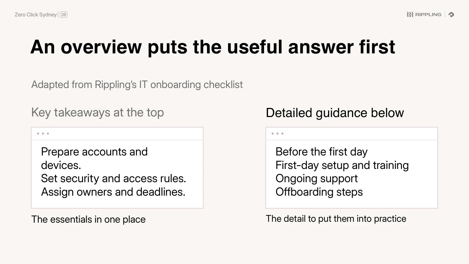 "An overview puts the useful answer first": key takeaways at the top and detailed guidance below, adapted from Rippling’s IT onboarding checklist