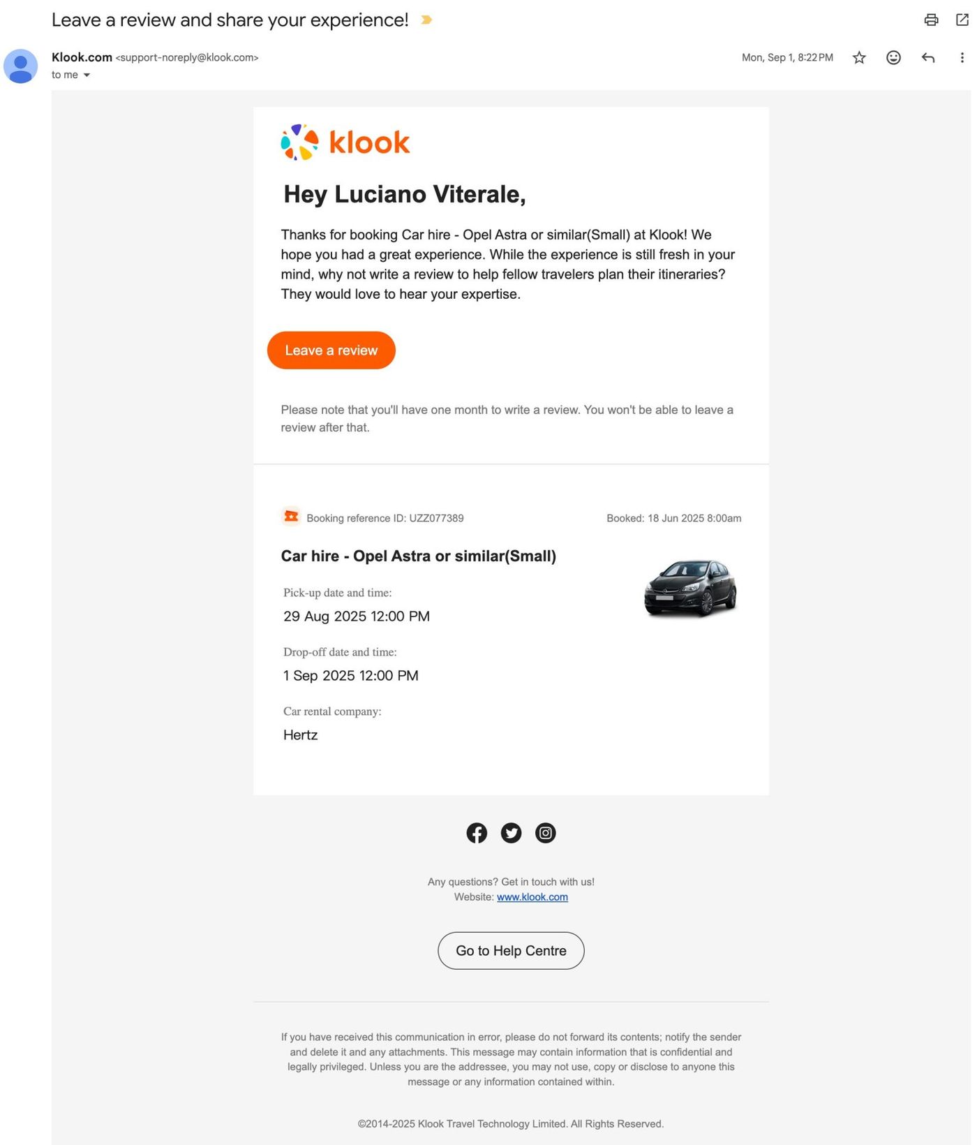 Example: Klook personalised review request email.