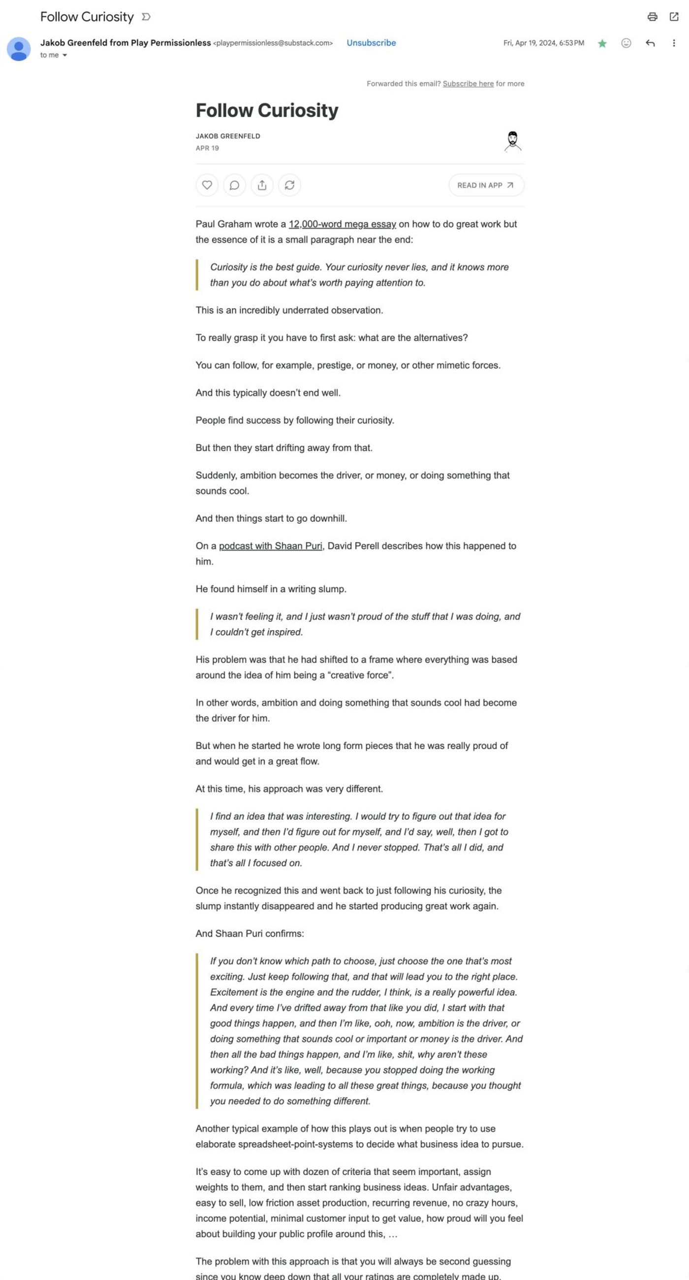 Example: Any of Jakod Greenfelds emails touch on mindset