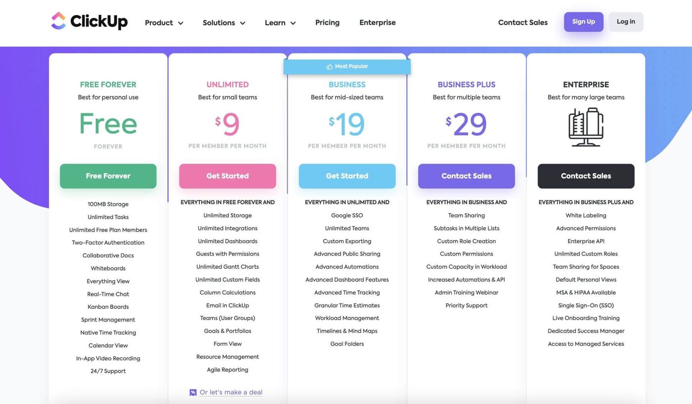 clickup pricing options
