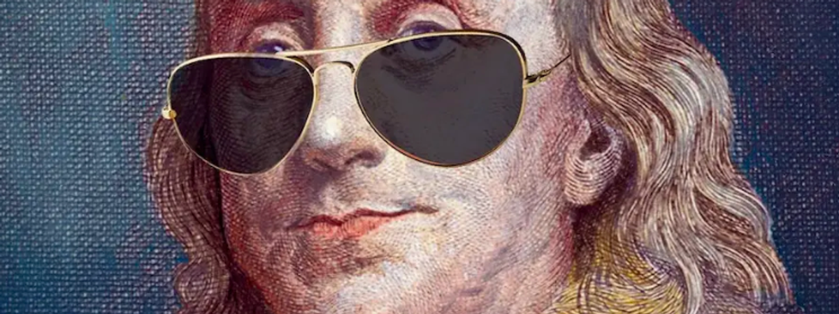 Benjamin Franklin wearing aviator sunglasses