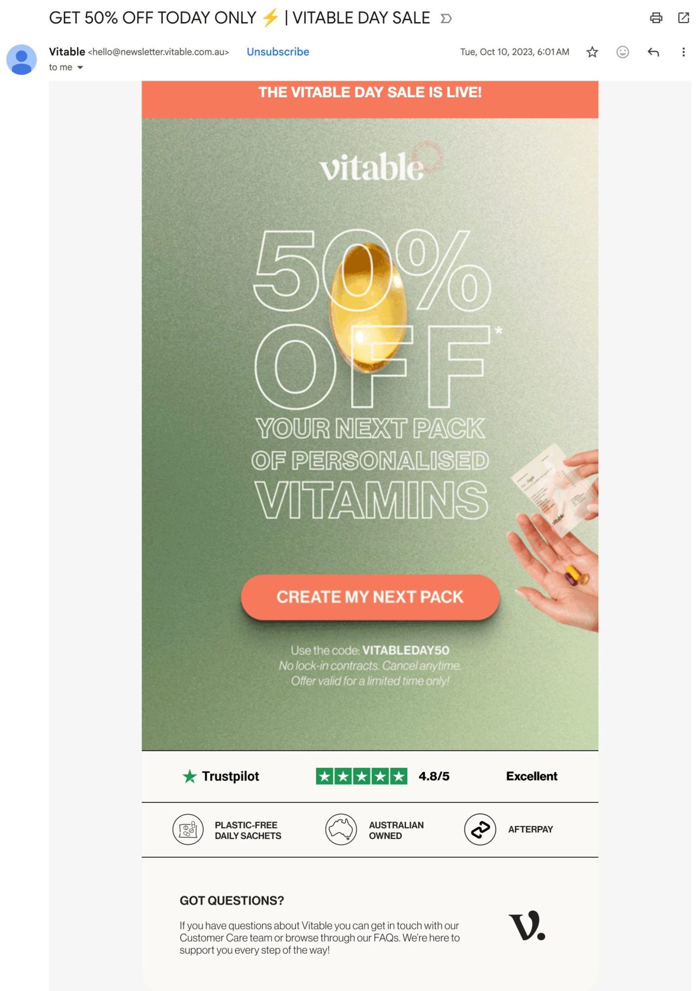 Example: Vitable subscription and vitamin refill email