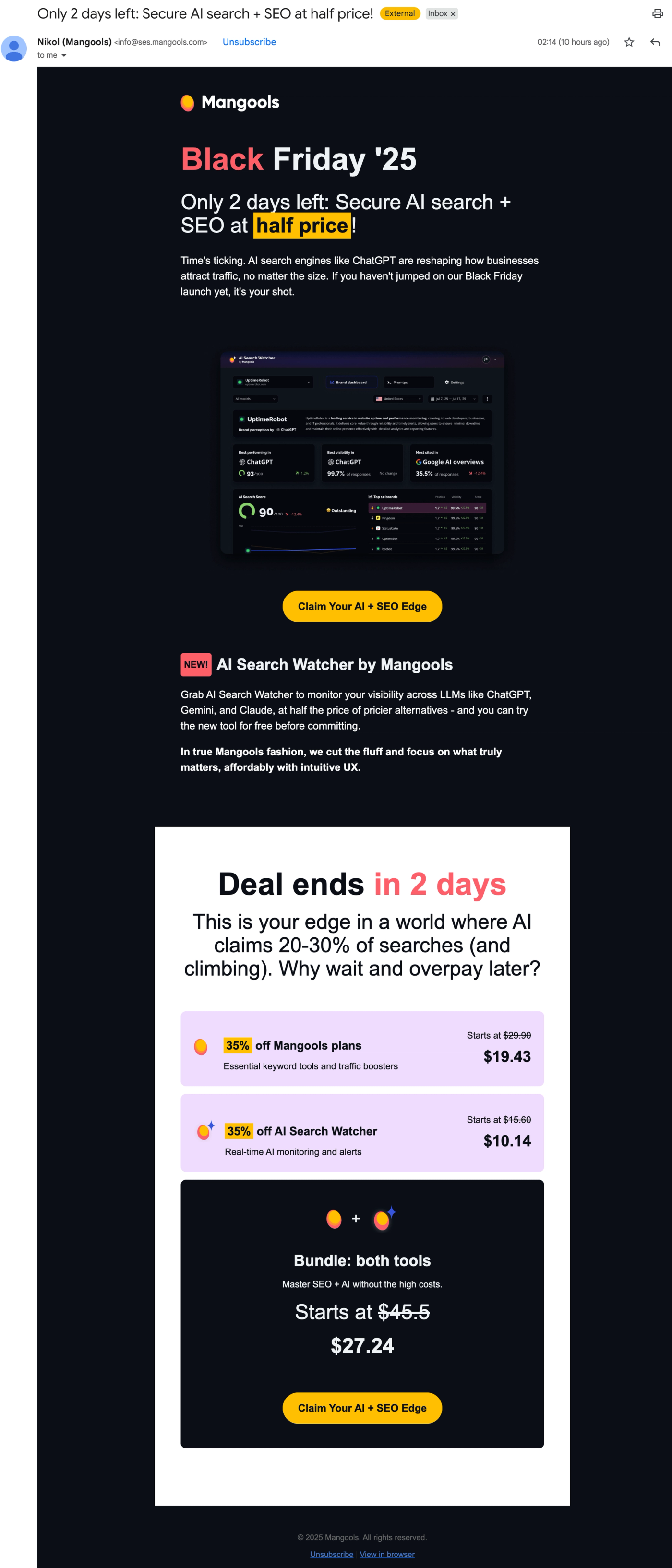 Example: Mangools Black Friday Offer...pretty much any black friday email will have a sales offer.