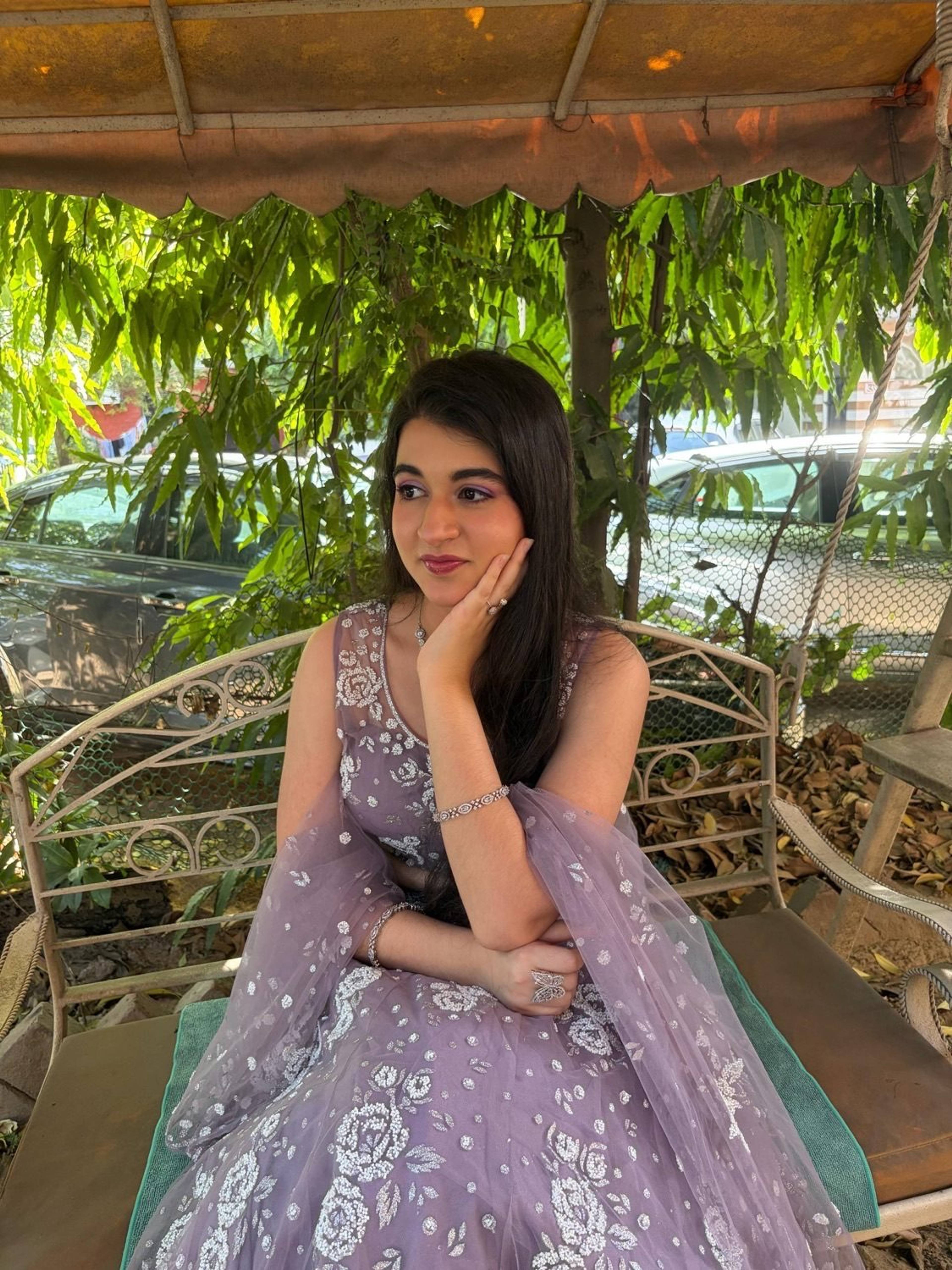 Engagement soft glam makeup with luminous skin and a lavender outfit, by Priya Maleri