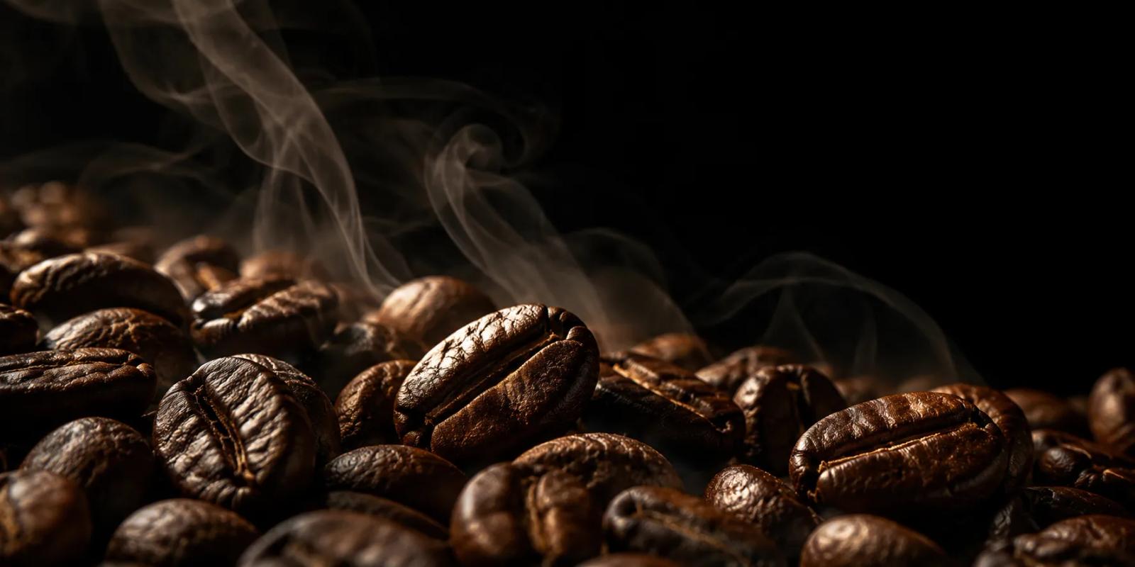 Dark roasted coffee beans with wisps of smoke against a black background