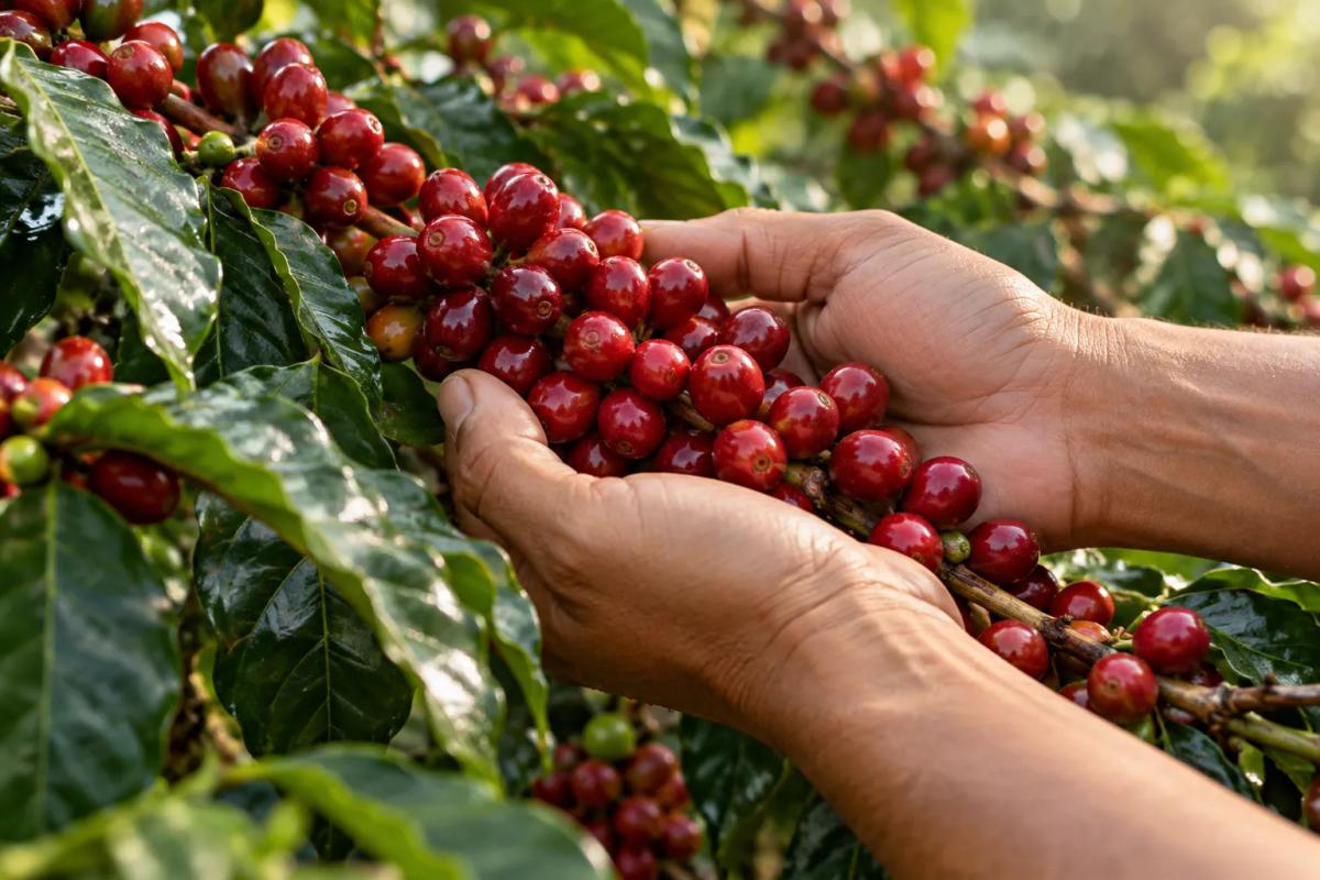 Hands holding a cluster of ripe red coffee cherries among green leaves